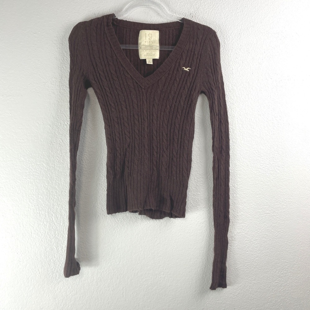 Hollister V-Neck Sweater Womens M Brown Cable Knit Rabbit Hair Vintage Slim Fit